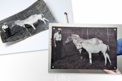 Rutusjering av gamle bilder. Fotografiet til venstre er ogrinalen, en papirutgave på 5x 7cm. Utgaven til høyre er ferdig retusjert og printet på børstet aluminium.